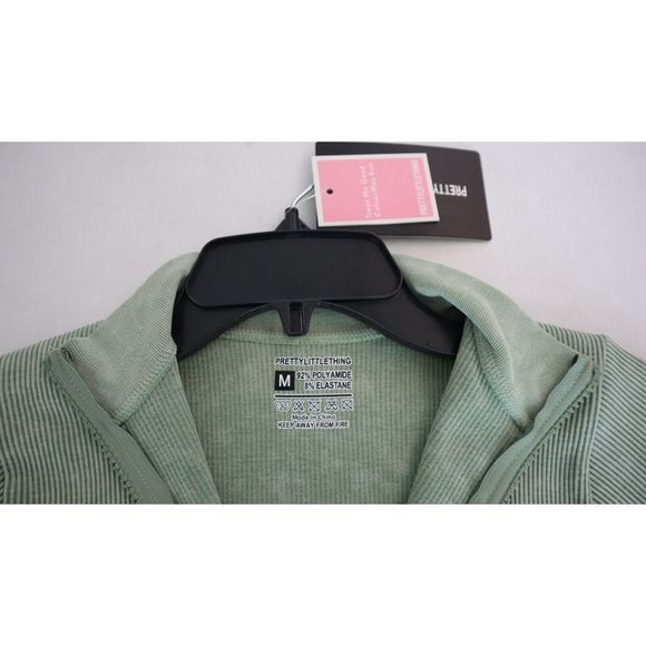 Pretty Little Thing Women's Sz M Green Seamless Ribbed Zip Up Crop Sports Jacket - Picture 4 of 5